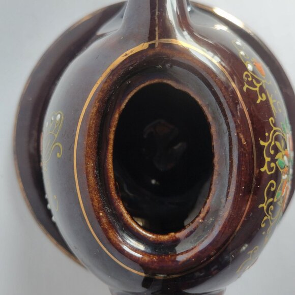 Vintage Brown Ceramic Teapot With Lid & Saucer Hand-Painted Floral & Butterfly D - Picture 4 of 11